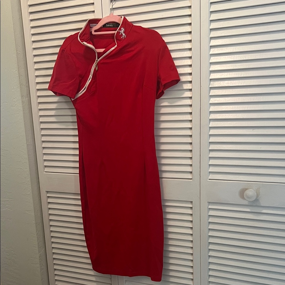 #0685+ Chinese Red Short Sleeve Dress W/ WHT Patch-patch Logo. - Picture 1 of 6
